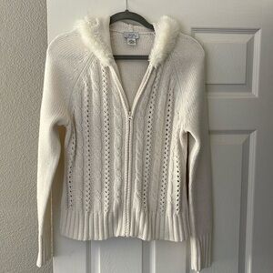 Women's Ivory Sweater Cardigan with Faux Fur Trim